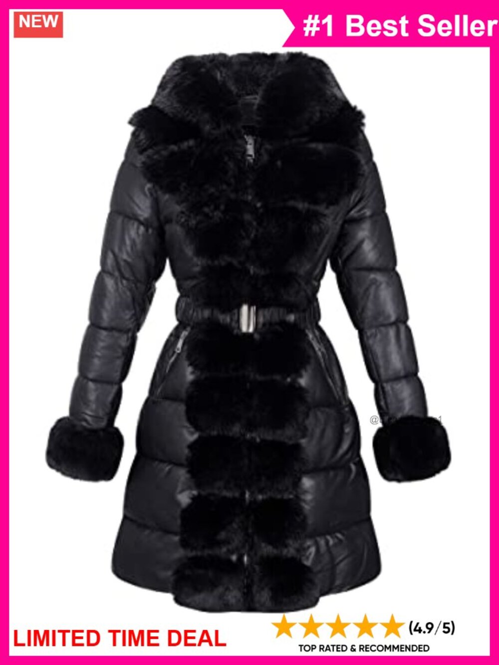 Faux Leather Quilted Puffer Coat Hooded Winter Jacket